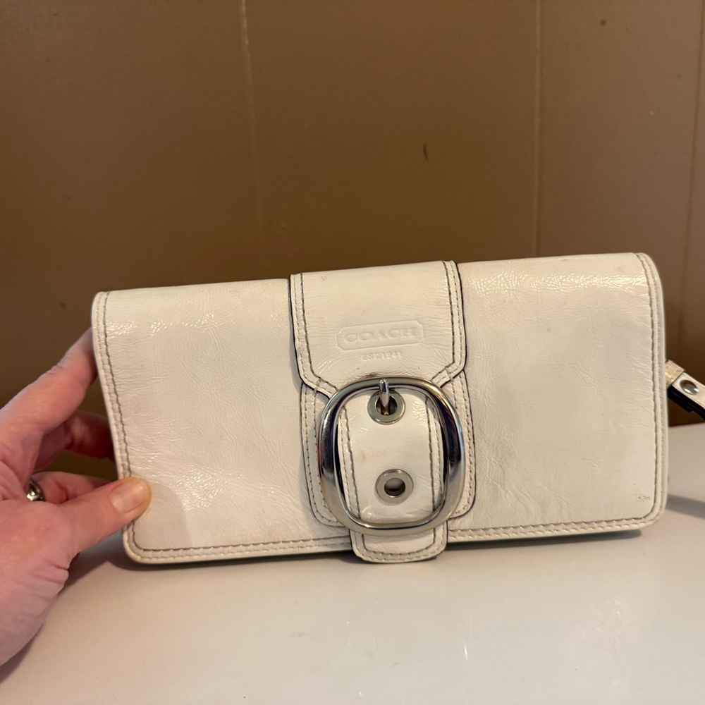 Coach White Clutch with Silver Buckle Detail